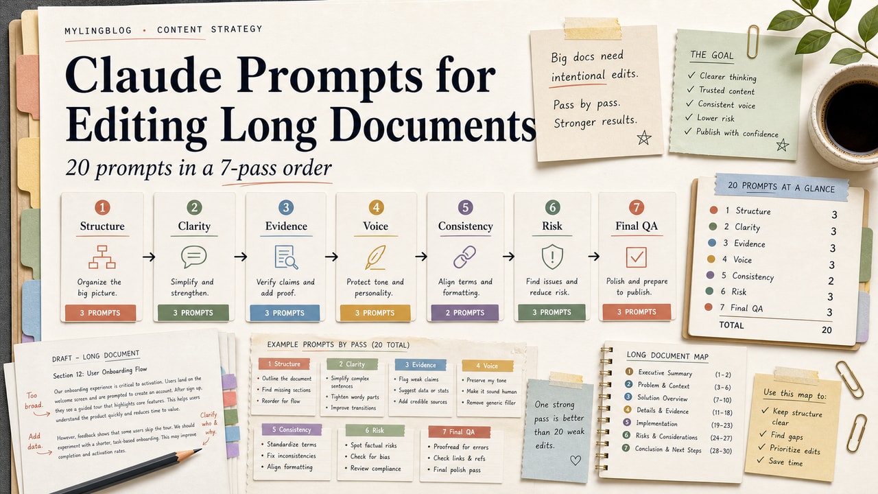 Claude prompts for editing long documents cover showing seven editing passes, 20 prompt cards, document sections and triage decisions