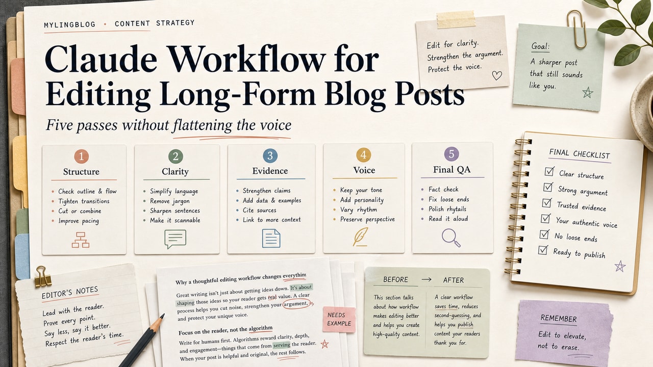 Claude workflow for editing long-form blog posts cover showing a five pass editing board, structure notes, clarity edits and final QA