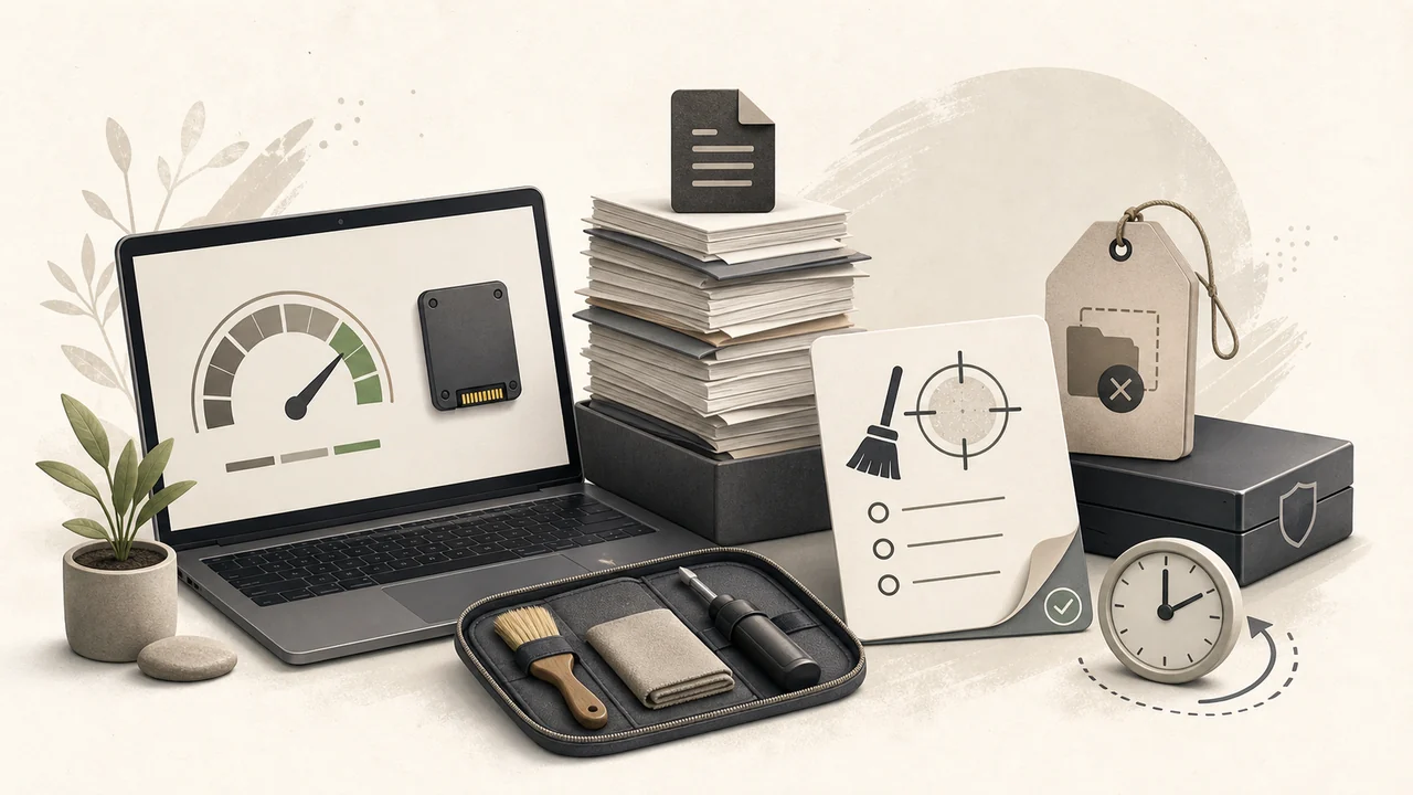 Editorial cover showing an SSD health dial, growing local log stack, targeted cleanup card, backup exclude tag, and scheduled prune clock