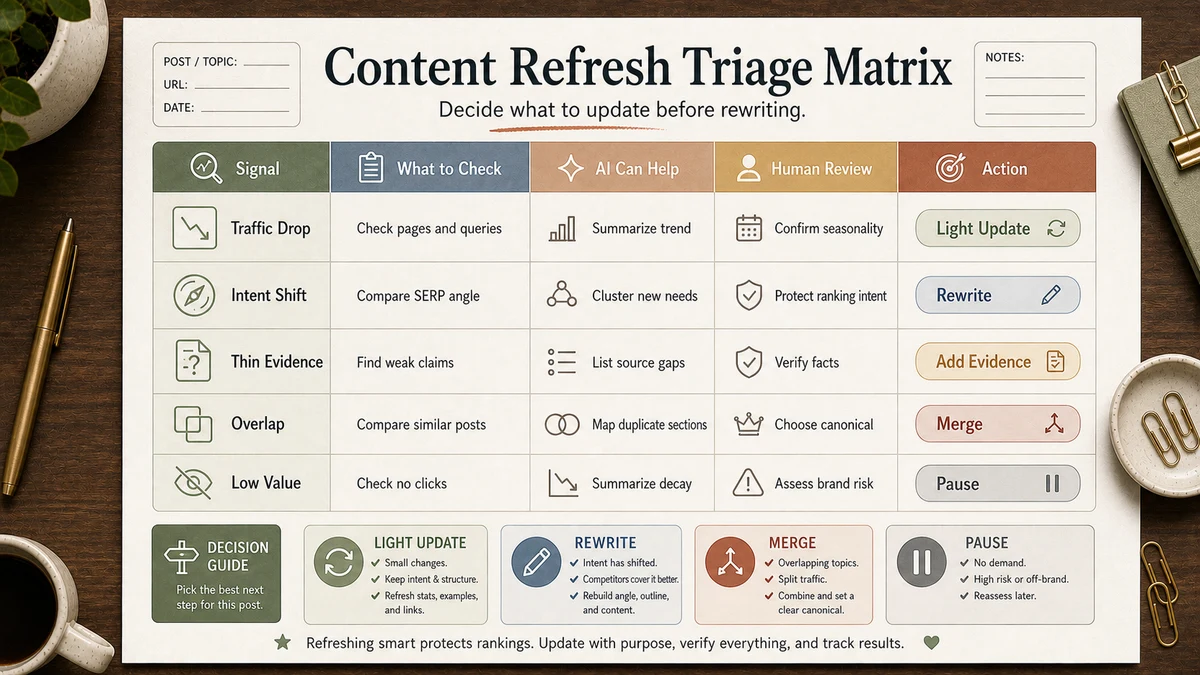 How to use AI to update old blog posts refresh triage matrix for Traffic, Intent, Evidence and Risk