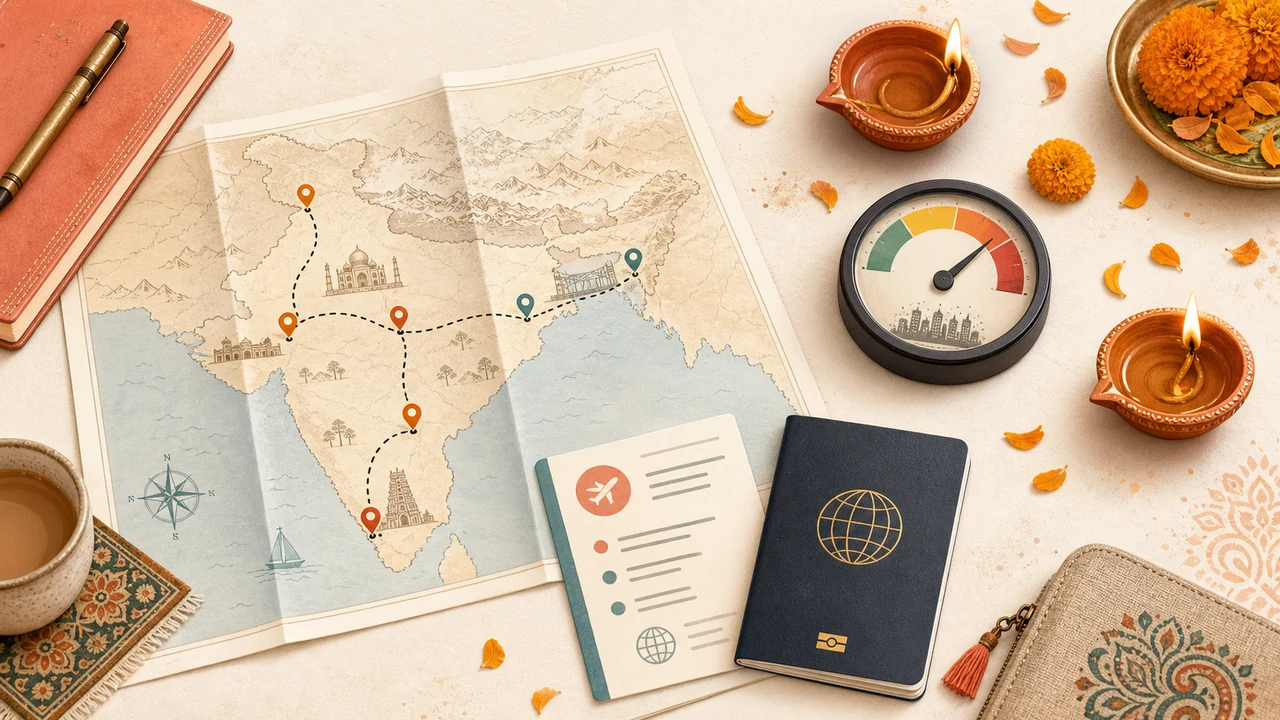 Editorial Diwali 2026 India trip planning cover with route map, e-visa checklist, clay lamps and air-quality caution
