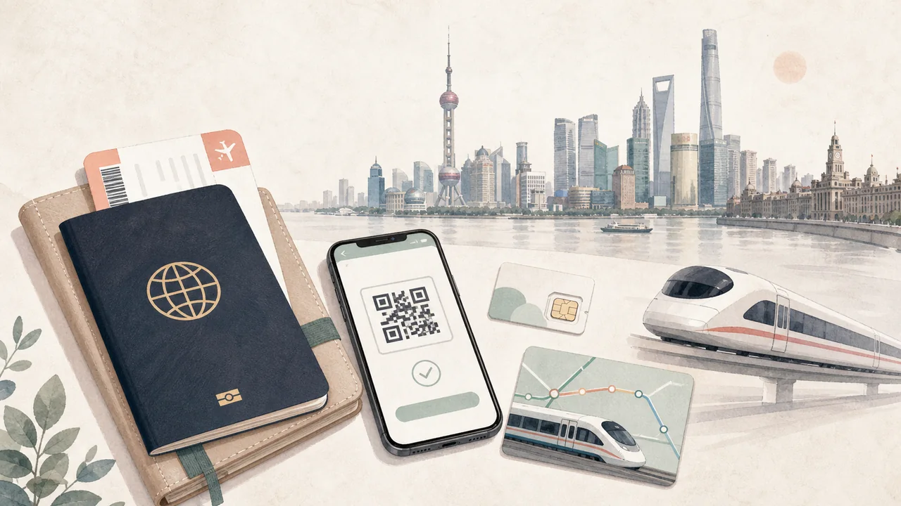 Pastel Shanghai first-trip cover with passport, QR payment phone, eSIM card, metro cue, maglev train and Pudong skyline.