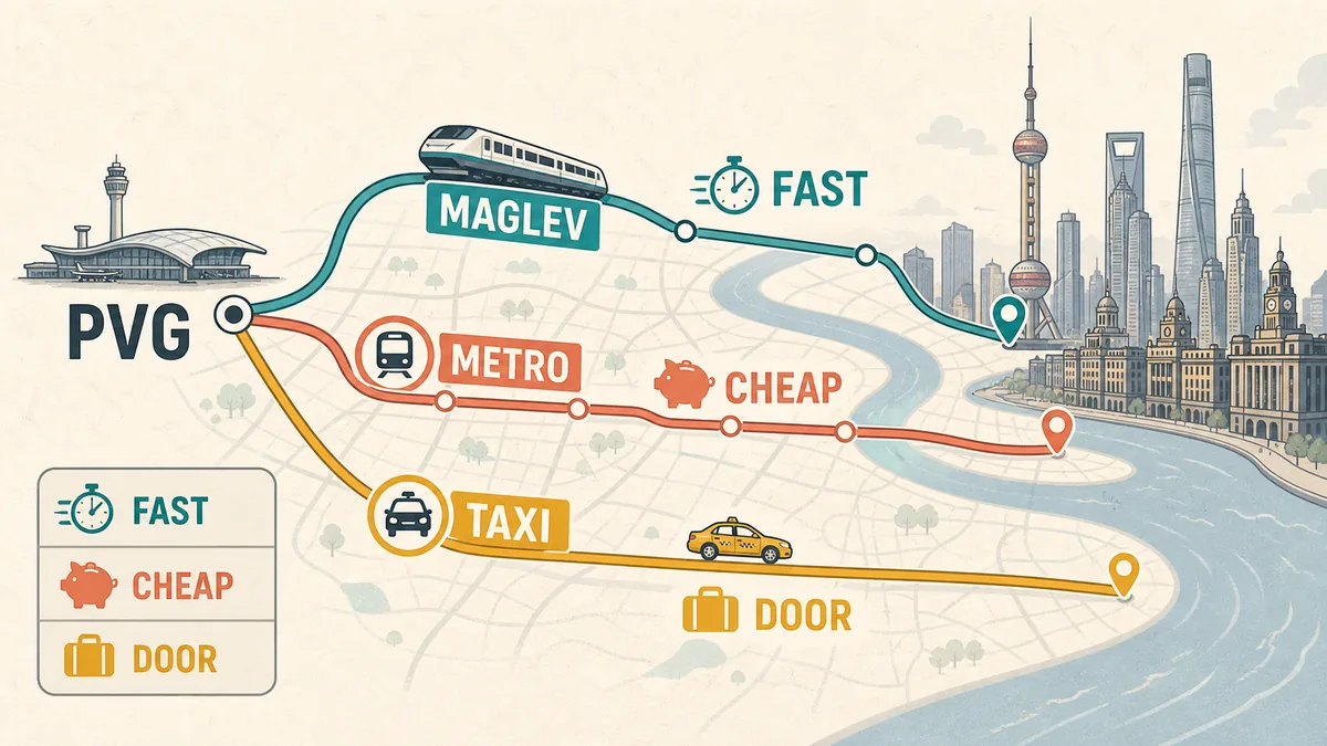 Pudong Airport transfer decision map comparing maglev, metro and taxi routes into central Shanghai.