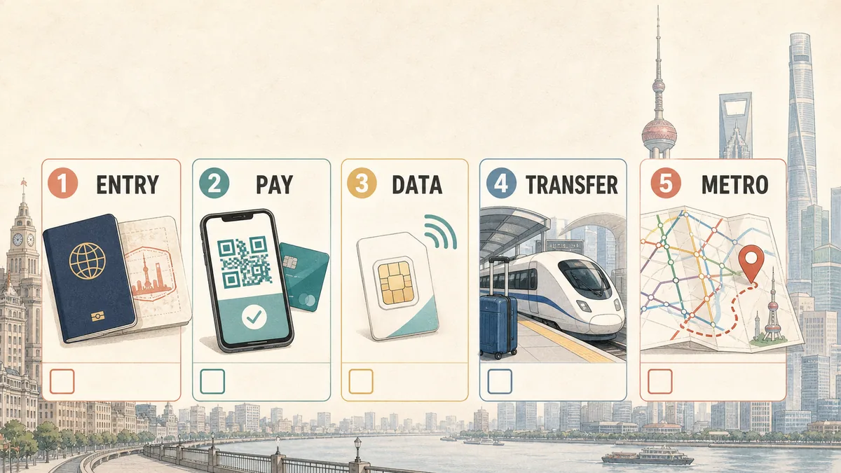 Five-card Shanghai first trip cheat sheet showing entry, payment, data, airport transfer and metro setup.