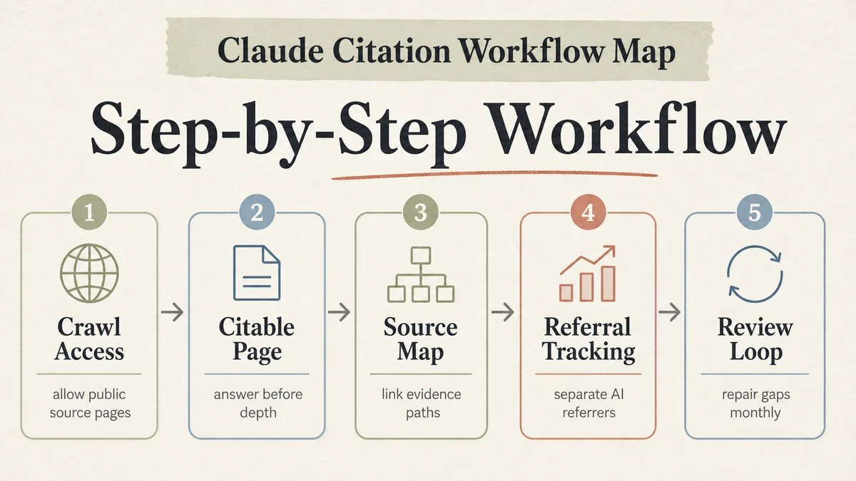 Claude citation workflow map showing Crawl Access, Citable Page, Source Map, Referral Tracking and Review Loop