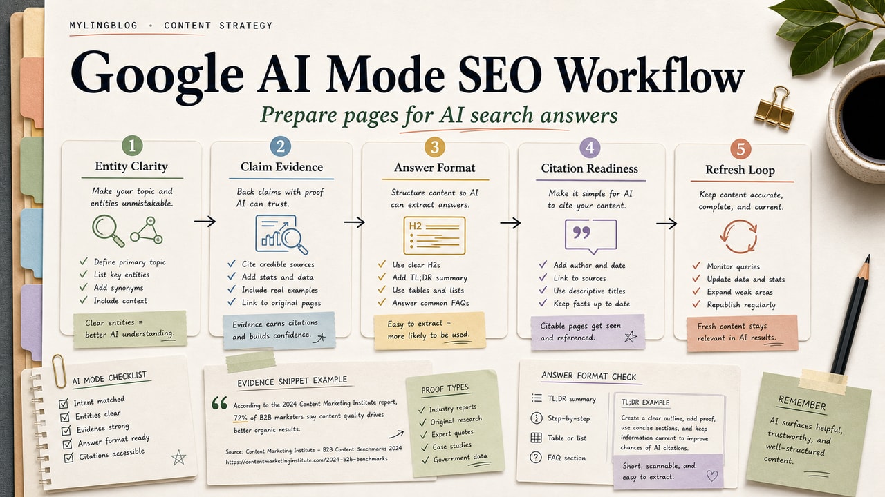 Google AI Mode SEO workflow cover showing entity notes, cited source cards, answer format checks and content refresh loop