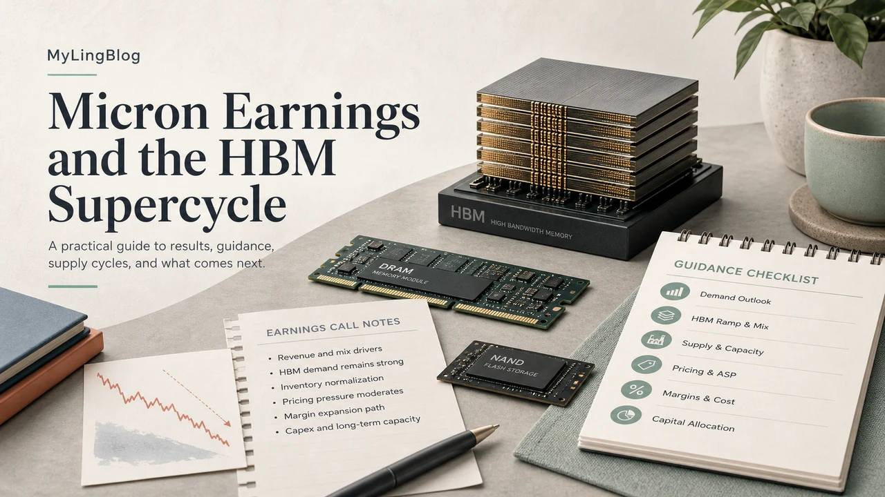 Micron earnings cover showing HBM memory stacks, DRAM and NAND pricing cards, guidance notes, and a calm investor checklist