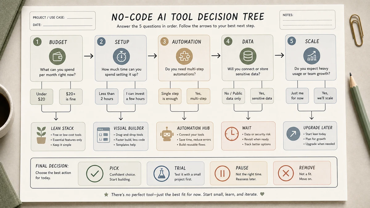 Best no-code AI tools decision tree for solopreneurs comparing Budget, Setup, Automation and Scale