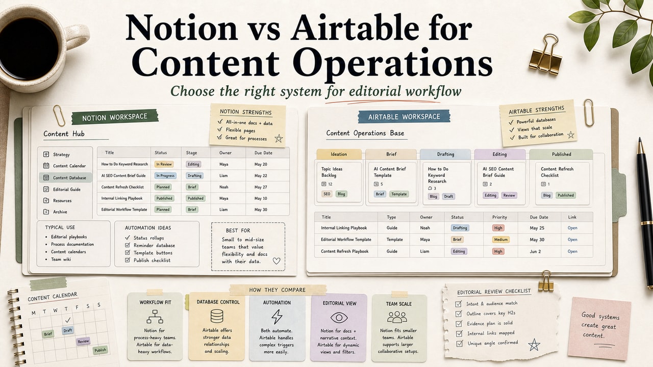Notion vs Airtable content operations cover showing editorial databases, workflow boards, automation notes and platform choice cards