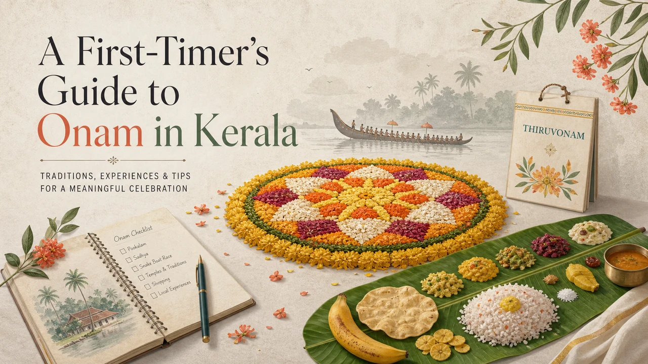 Onam festival cover showing a Kerala pookalam flower carpet, banana-leaf Sadhya feast, and first-time visitor travel notes