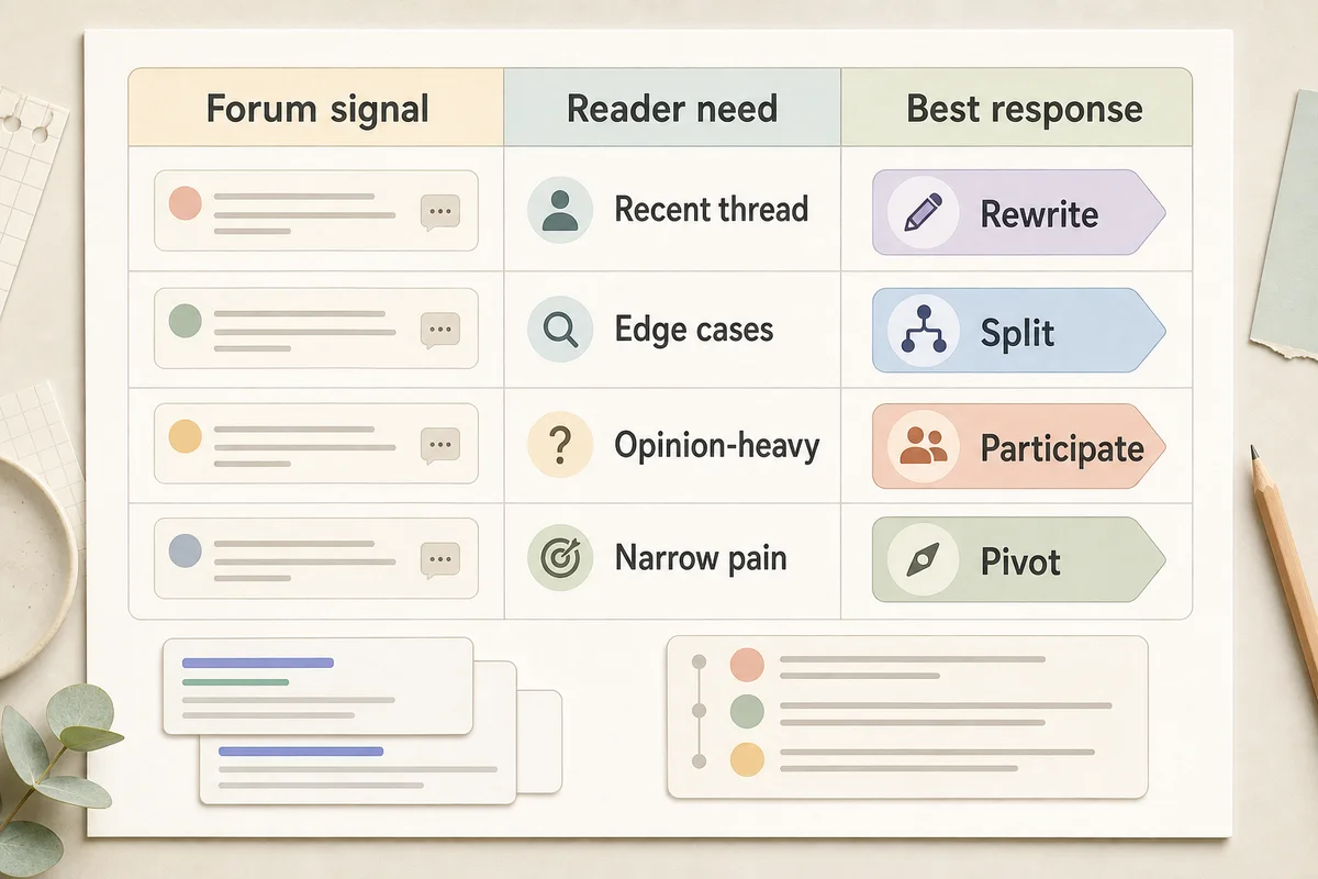 Forum dominated SERP response matrix for Reddit outranking my site decisions