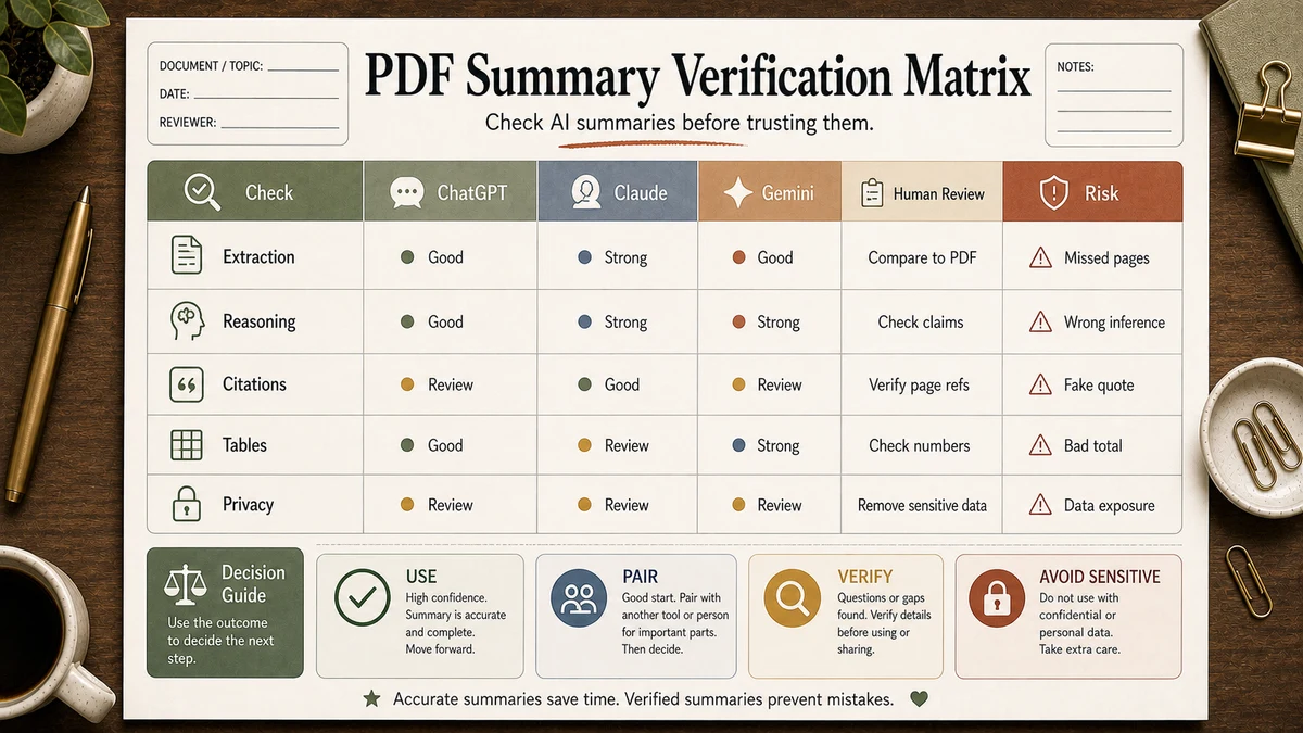 ChatGPT vs Claude vs Gemini PDF summary verification matrix with Extraction, Reasoning, Citations, Privacy and Review checks