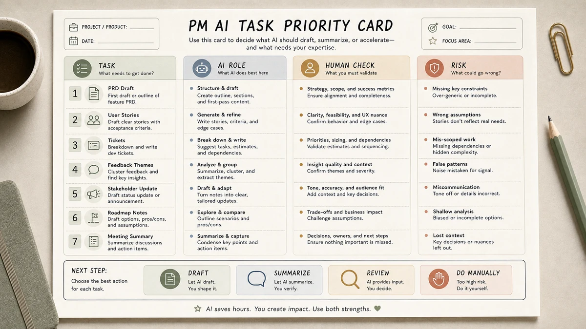 AI workflow for product managers task priority card with PRD, Stories, Tickets and Updates checkpoints