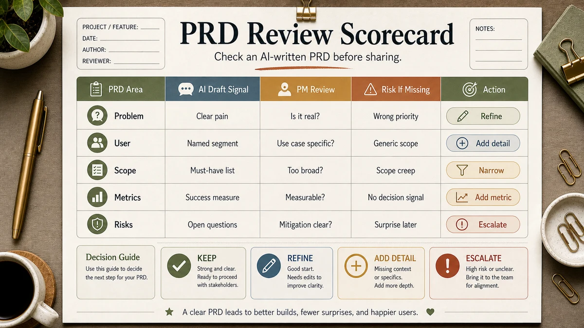 How to use AI to write a PRD review scorecard with Problem, User, Scope, Metrics, Risks and Decision checks
