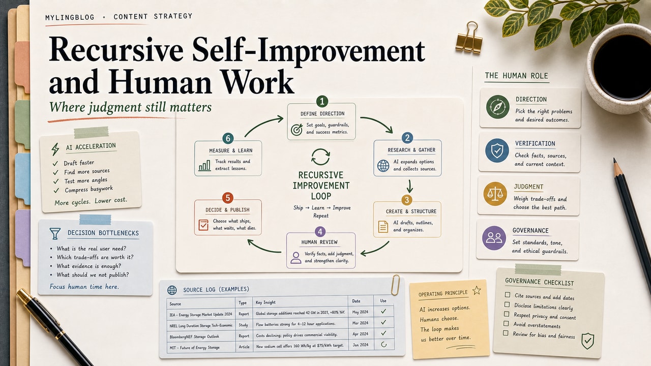 Recursive self-improvement and human work cover showing AI acceleration loop, decision bottlenecks, source log and human role cards