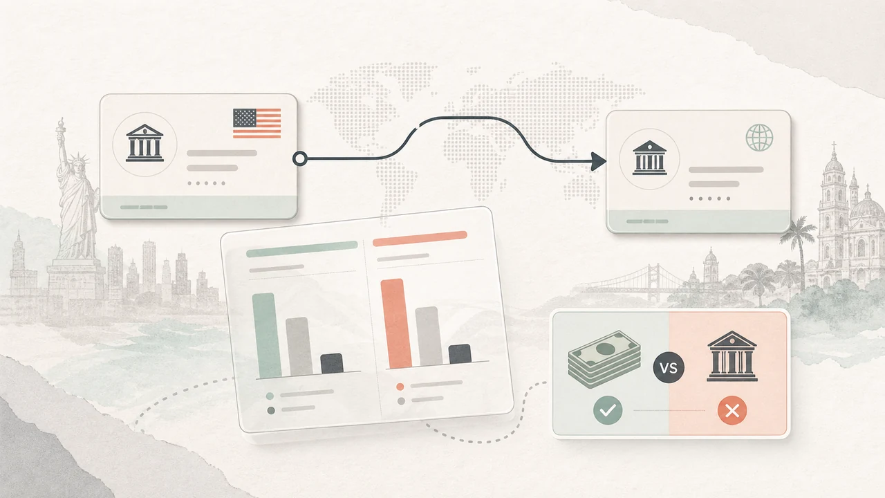 Editorial remittance cover with a US bank account, overseas route and hidden-cost comparison for sending money abroad