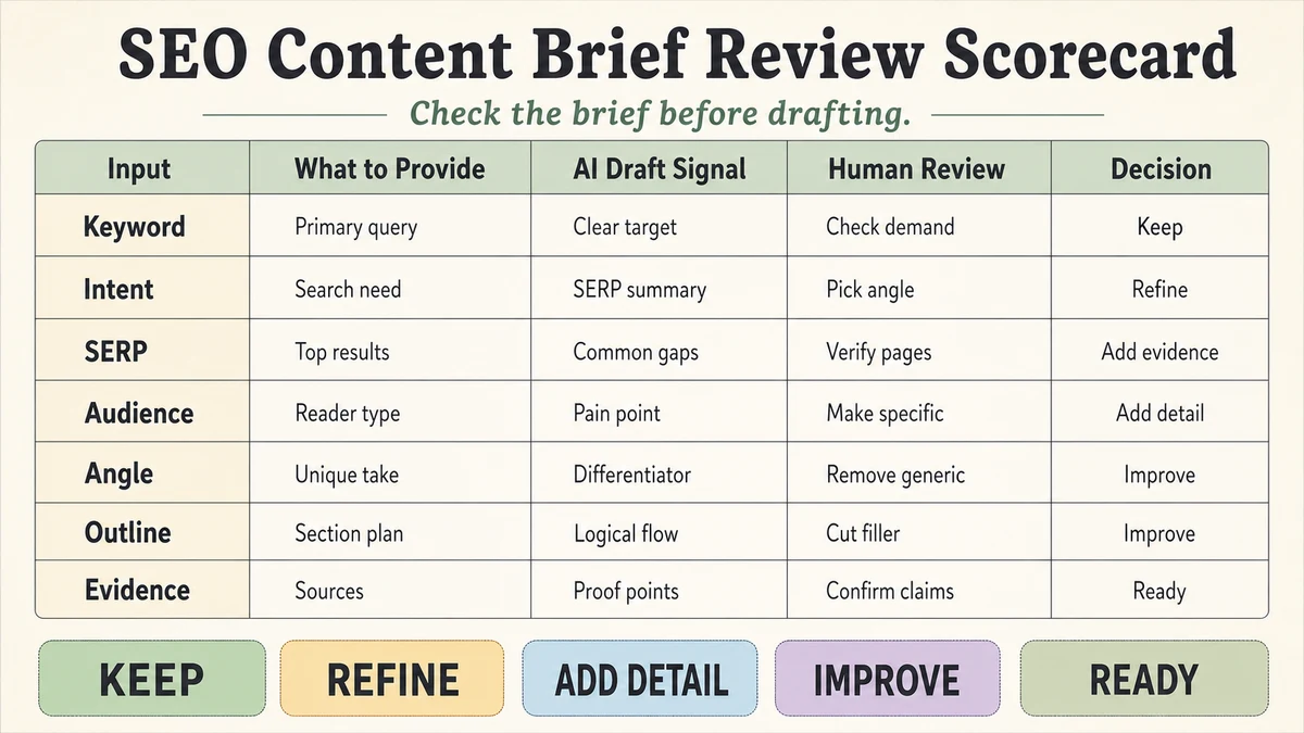 ChatGPT SEO content brief prompt review scorecard with Keyword, Intent, SERP, Audience, Angle, Outline and Evidence inputs