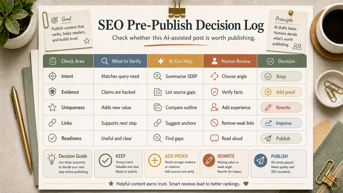 AI SEO checklist pre-publish decision log with Intent, Evidence, Uniqueness, Links and Publish Readiness checks