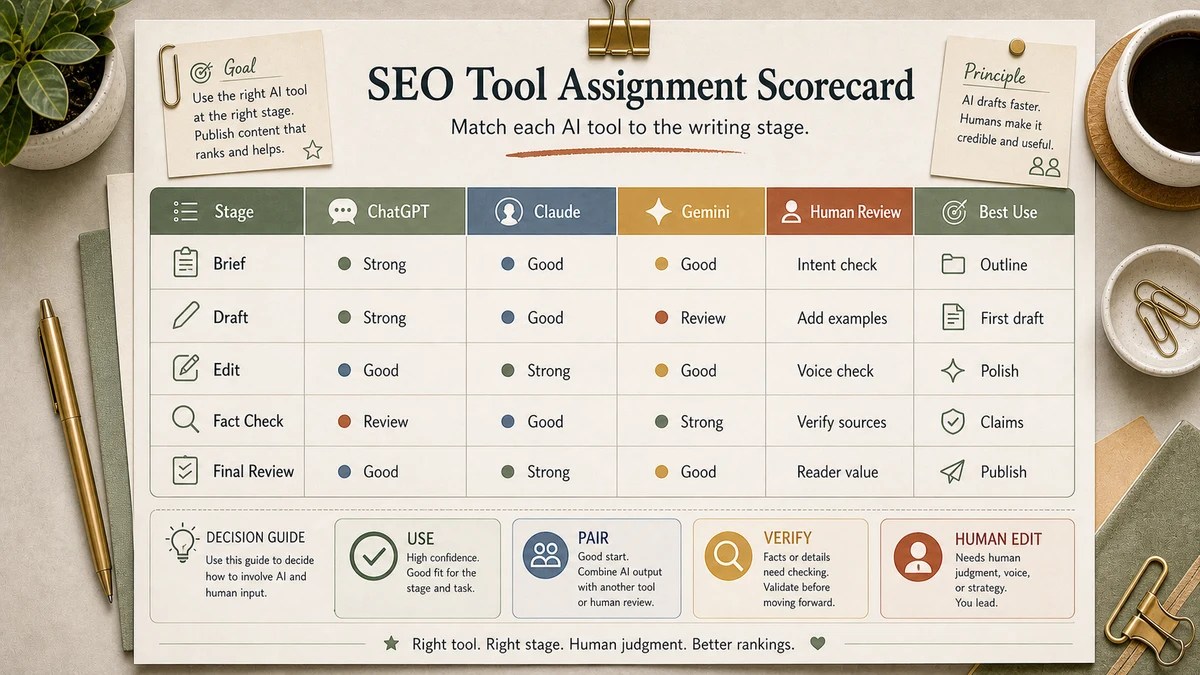 ChatGPT vs Claude vs Gemini SEO writing tool assignment scorecard with Brief, Draft, Edit, Fact Check and Final Review stages