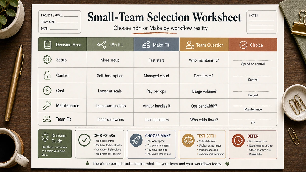 n8n vs Make small-team selection worksheet comparing Setup, Control, Cost, Maintenance and Team Fit