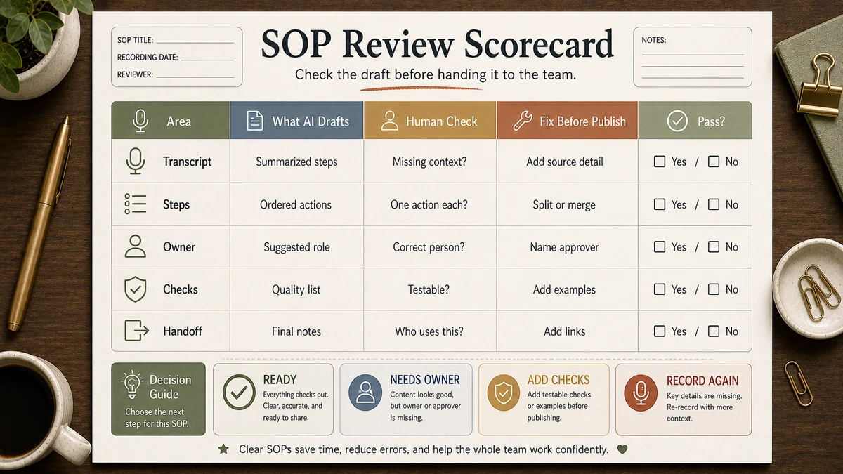 AI prompt template for SOP writing review scorecard with Transcript, Steps, Owner, Checks and Handoff criteria