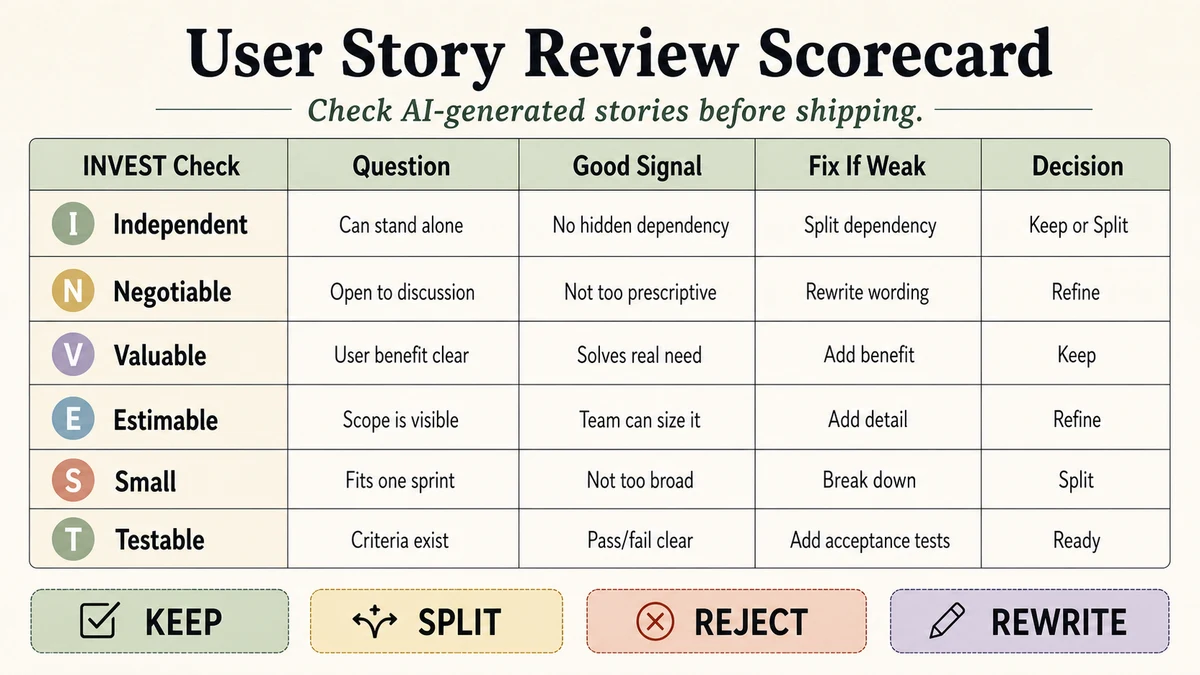 AI user story generator workflow review scorecard with Independent, Negotiable, Valuable, Estimable, Small and Testable checks