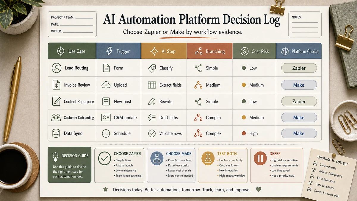 Zapier vs Make AI automation decision log comparing Trigger, AI Step, Branching, Cost Risk and Platform Choice